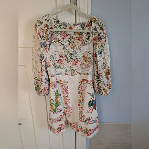 Farm Rio Delicate Forest Scarves Billowy-Sleeve Embroidered Mini - Picture 2 of 5